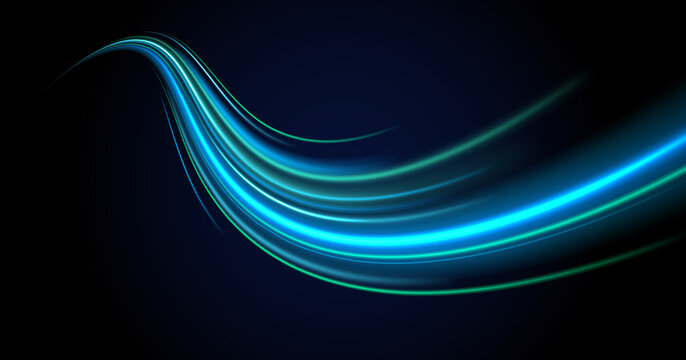 Futuristic neon road with speed wave curve lines swirl and motion blur abstract blue light streaks vector transparent white background png design