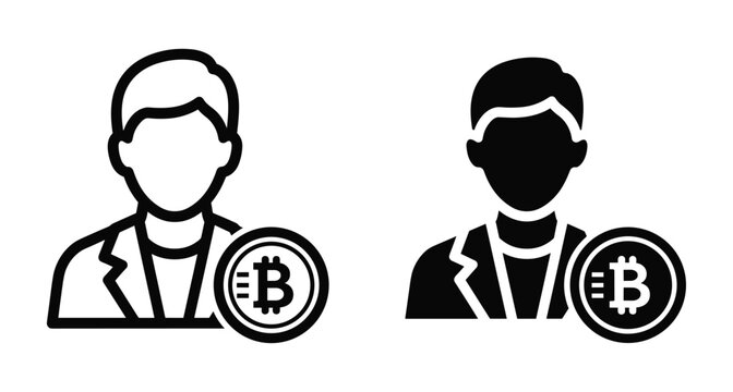 Bitcoin user icon set featuring a male avatar with cryptocurrency coin symbol in outline and solid black flat vector style for finance