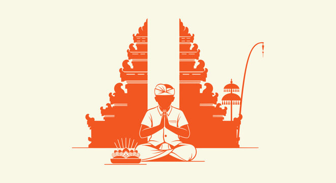 Detailed Minimalist Vector Illustration of a Balinese Hindu Man Praying at a Sacred Temple Gate