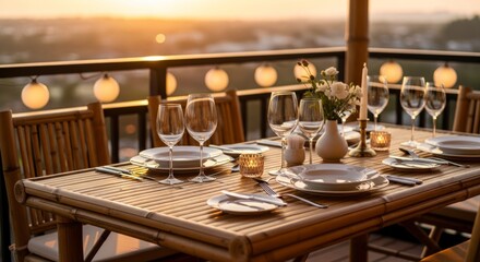 Fototapeta premium Elegant outdoor dining setup with sunset view on balcony