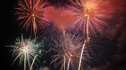 Obraz premium Vibrant fireworks, colorful explosions, night sky, celebration, festive atmosphere