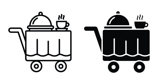 Hotel room service trolley icon set with food cloche and hot coffee cup on a mobile cart for catering delivery