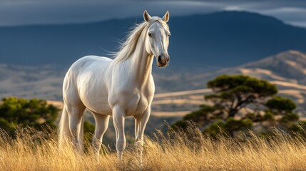 Obraz premium Majestic White Horse Standing Gracefully in Wide Grassland under Rolling Hills