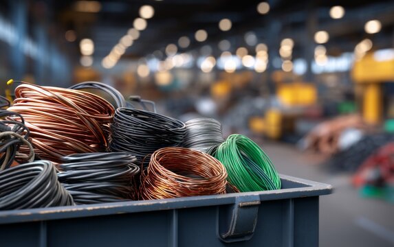 Coiled Scrap Wires and Cables in a Bin at an Industrial Recycling Facility