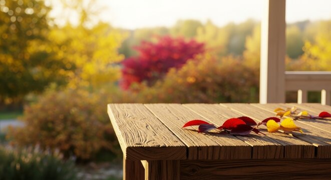 Wooden table with autumn leaves in sunny outdoor setting