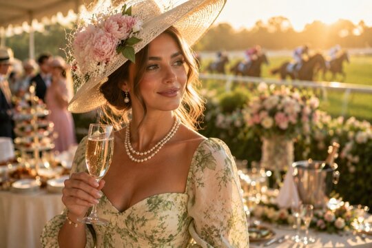 Portrait of a beautiful elegant woman in a stylish hat and dress holding a glass of champagne at a horse racing event. Luxurious social atmosphere at the racetrack during sunset.