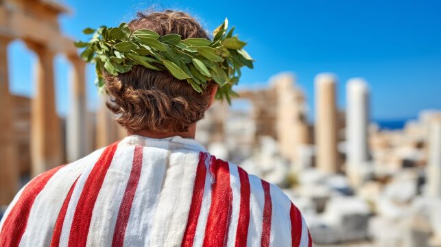 Traditional Greek Chiton Wearer Holding Laurel Wreath in Historic Setting