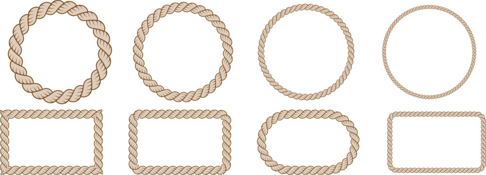Round rope curve and ractangular symbol set. Different thickness circular ropes set for decoration. Vector isolated on transparrent background	