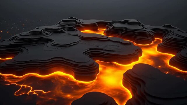 Lava flow over layered rock formations emphasizing natural beauty and tranquility