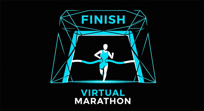 Virtual Marathon Runner Achieving Finish Line, Neon Design Over Black Background