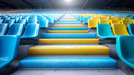 Fototapeta premium Empty Rows of Colorful Seats in a Stadium Bleacher Area