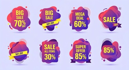 Naklejka premium Set of Modern Fluid Sale Badges and Abstract Discount Tags with Colorful Gradients for Retail Marketing