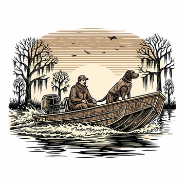 Hunter with dog in jon boat at sunrise in cypress swamp vintage woodcut style