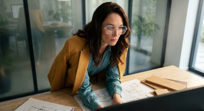 Architectural planning session with professional drafts and wood samples. Expert female architect leaning over a desk, analyzing urban forestry blueprints. High-tech workstation environment.