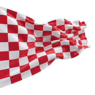 Vibrant red and white checkered racing flag made of satin fabric with intricate folds, waving dynamically against a minimalist white background, victory atmosphere