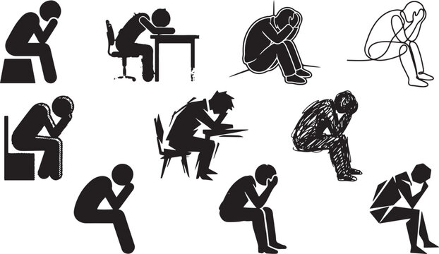 Large set of black vector silhouettes depicting various people in states of deep sadness depression and emotional despair for mental health awareness and psychological support concepts