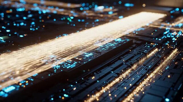 Futuristic circuit board with glowing lights symbolizing creativity, art, and imagination