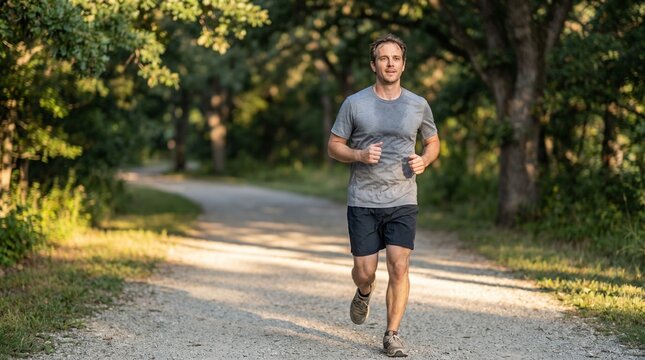 Adult Caucasian man with a focused mood jogging against a sunlit nature trail background