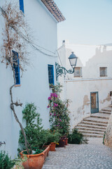 Spain, Altea city. Narrow cobblestone street with whitewashed buildings, colorful flowers, and a vintage street lamp in a Mediterranean village setting © JuLady_studio