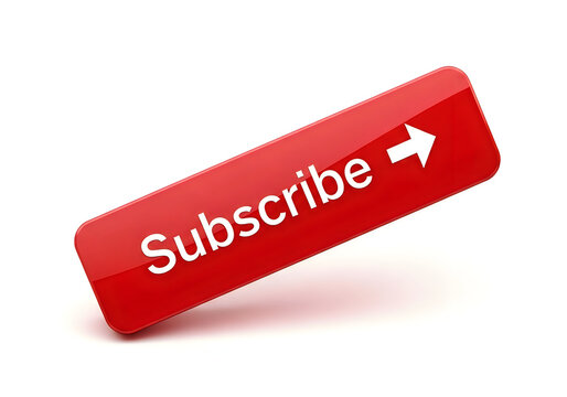 Bright red subscribe button with white text and arrow pointing right isolated on white background