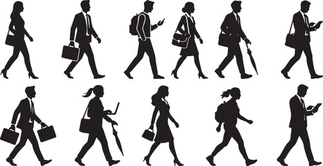Fototapeta premium Set of black vector silhouettes featuring various business professionals and students walking with briefcases laptops and backpacks representing city commuting and daily work life