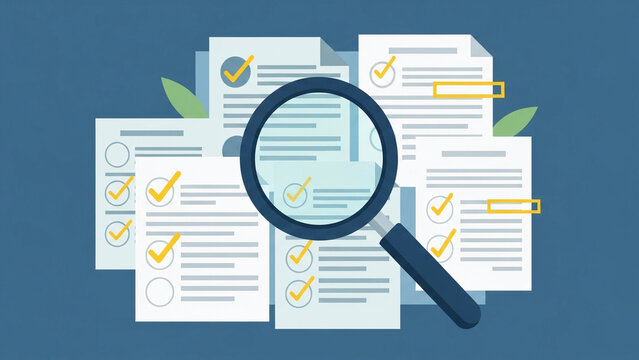 Magnifying Glass Document Review Illustration, Business Analysis Search Concept