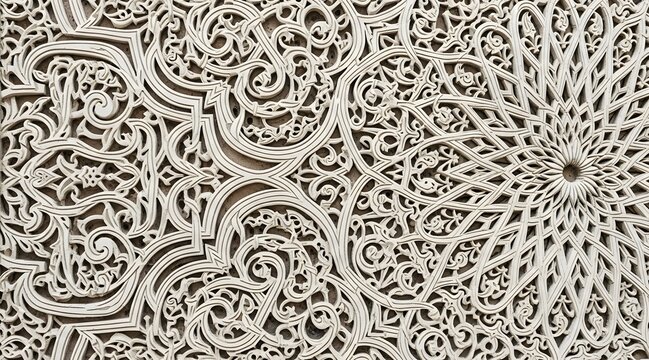 Intricate traditional Moroccan plaster work with detailed geometric and floral arabesque patterns