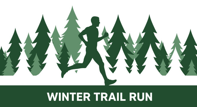 Winter Trail Run Illustration Depicting Athlete Silhouette Amidst Forest Scenery