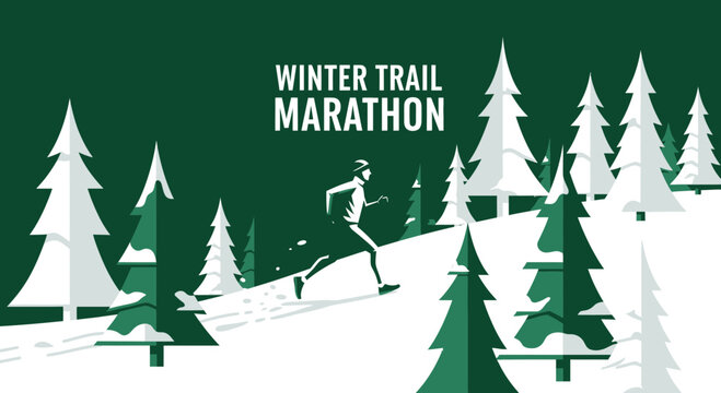 Winter Trail Marathon Illustration Depicting Athlete Running Amidst Evergreen Spruce Trees