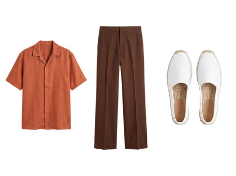 Fashionable men's summer outfit flat lay with terracotta collared shirt, brown trousers, and white espadrilles.