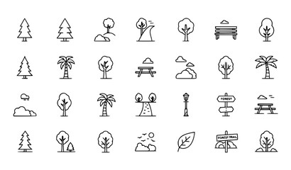 Fototapeta premium Forest Trees and Park Icons Set Thin Line Editable Stroke Nature Vector Collection