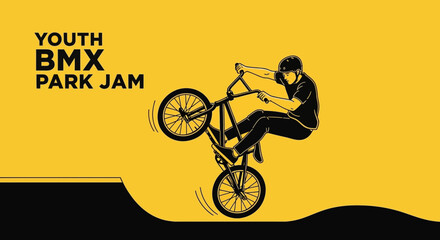 Naklejka premium Youngster BMX Enthusiast Executing a Stunt at the Park in an Artistic Illustration Style
