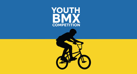 Naklejka premium Youth BMX Competition Artwork Against Blue and Yellow Background with Cyclist Silhouette