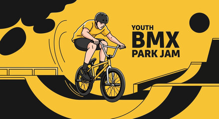 Naklejka premium Youth BMX Park Jam: Bold Illustration of a Rider in Action on a Vibrant Yellow Background
