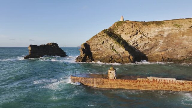 Seascape at storm from a drone, Portreath, Redruth, Cornwall