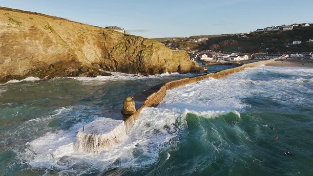 Seascape at storm from a drone, Portreath, Redruth, Cornwall