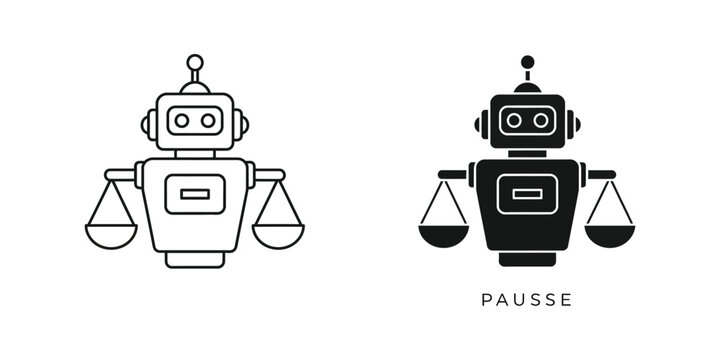 Robot holding scales in both line and filled styles with the word pause beneath one