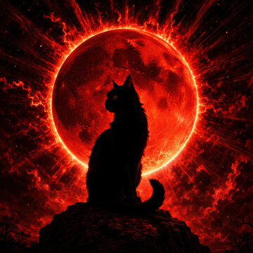 Dramatic silhouette of a black cat sitting before a blazing red moon with fiery solar flares in a dark cosmic sky. Perfect for album covers, posters, and bold fantasy branding