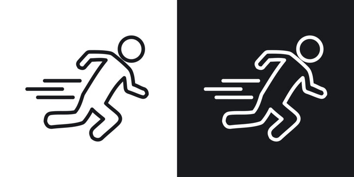 Man fast run icons set in black and white stroke lines