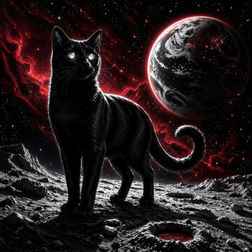 Striking black cat standing on a barren alien landscape under a red cosmic sky with a glowing planet behind. Perfect for sci fi posters, album covers, and dramatic branding visuals