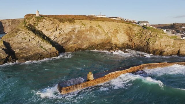 Seascape at storm from a drone, Portreath, Redruth, Cornwall
