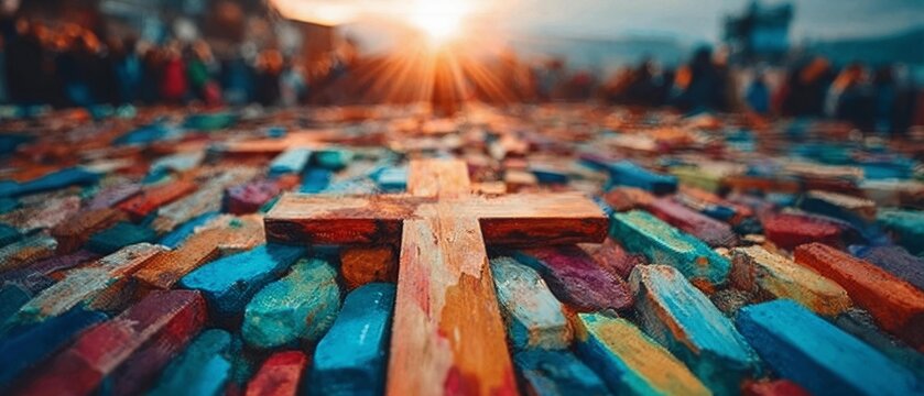 Vibrant multicolor cross illustration with bold overlapping hues symbolizing faith and spiritual diversity