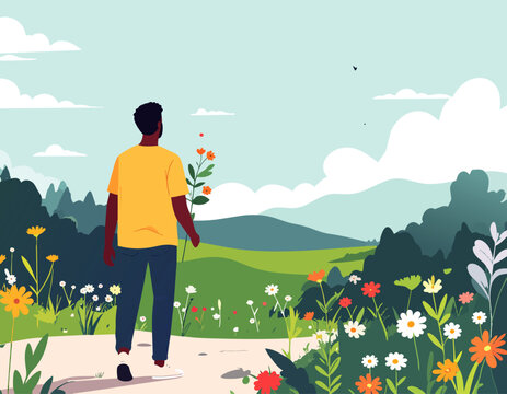  Persona caminando por campo con flores sosteniendo ramo en estilo plano, ilustraci&oacute;n vectorial.
