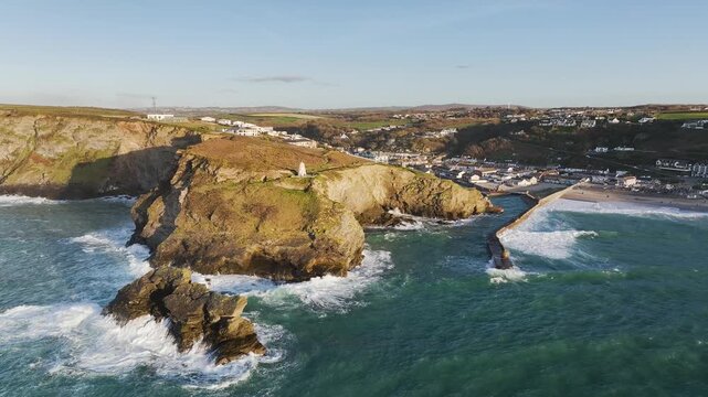 Seascape at storm from a drone, Portreath, Redruth, Cornwall