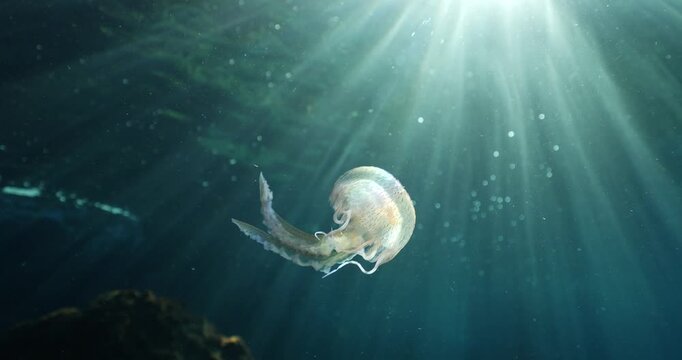 jellyfish scenery with long tentacles underwater moving slow and close sun beams and sun rays ocean scenery  mediterranean pelagia noctiluca