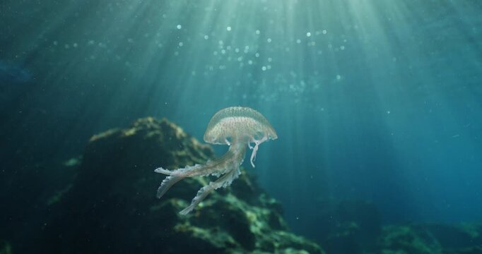 jellyfish scenery with long tentacles underwater moving slow and close sun beams and sun rays ocean scenery  mediterranean pelagia noctiluca