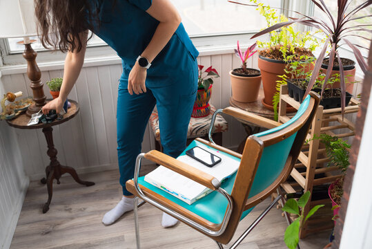 Candid moment nurse studying at home