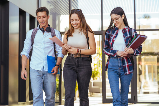 Cheerful college students chatting while walking on campus