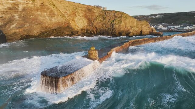 Seascape at storm from a drone, Portreath, Redruth, Cornwall