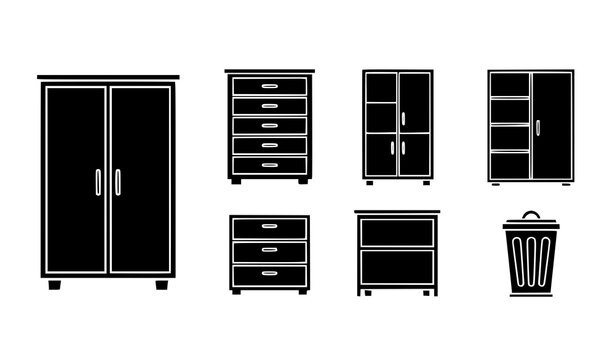 Furniture storage vector icons set wardrobe shelf cabinet trash bin